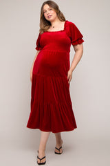 Red Velvet Tiered Maternity Plus Midi Dress