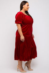 Red Velvet Tiered Plus Midi Dress