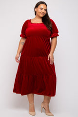 Red Velvet Tiered Plus Midi Dress