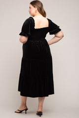 Black Velvet Tiered Maternity Plus Midi Dress