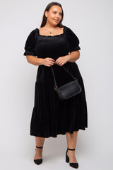 Black Velvet Tiered Maternity Plus Midi Dress