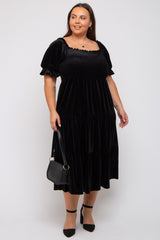 Black Velvet Tiered Plus Midi Dress