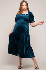 Teal Velvet Tiered Maternity Plus Midi Dress