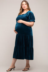 Teal Velvet Tiered Maternity Plus Midi Dress