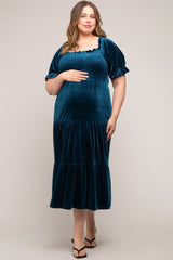 Teal Velvet Tiered Maternity Plus Midi Dress