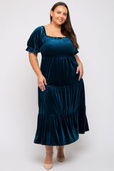 Teal Velvet Tiered Plus Midi Dress