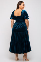 Teal Velvet Tiered Plus Midi Dress