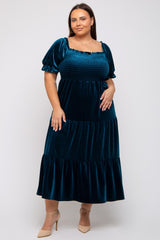 Teal Velvet Tiered Maternity Plus Midi Dress