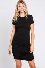 Black Ruched Fitted Short Sleeve Dress