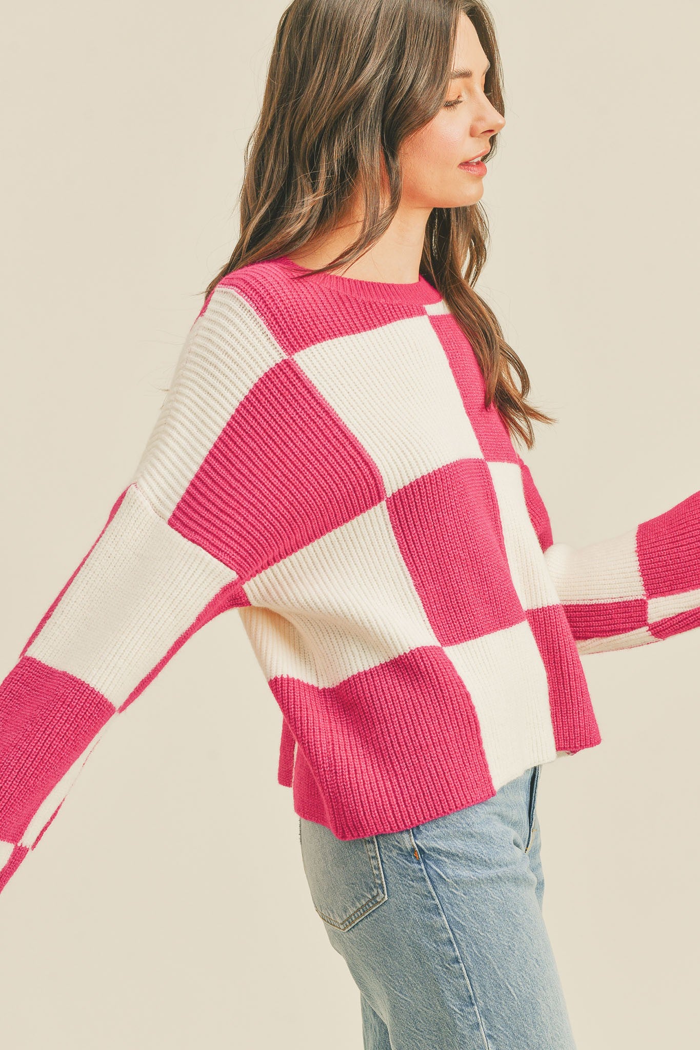 Hot Pink Checker Oversized Checkerboard Pullover