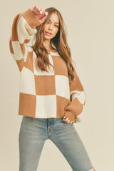 Mocha Checker Oversized Checkerboard Pullover