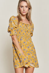 Yellow Floral Short Sleeve Ruffle Mini Dress