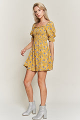 Yellow Floral Short Sleeve Ruffle Mini Dress