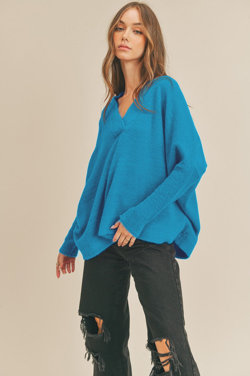 Teal Blue Oversized V Neck Sweater