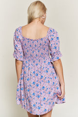 Lavender Floral Short Sleeve Ruffle Mini Dress