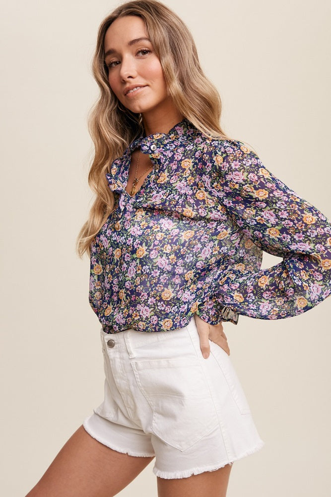 Navy Sheer Ditsy Floral Ruffle Button Front Chiffon Top