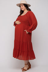 Rust Textured Stripe Smocked Square Neck Maternity Plus Midi Dress