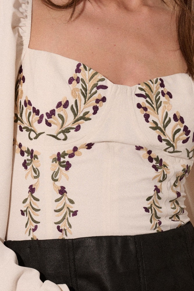 Cream Floral Embroidered Sweetheart Neck Woven Top