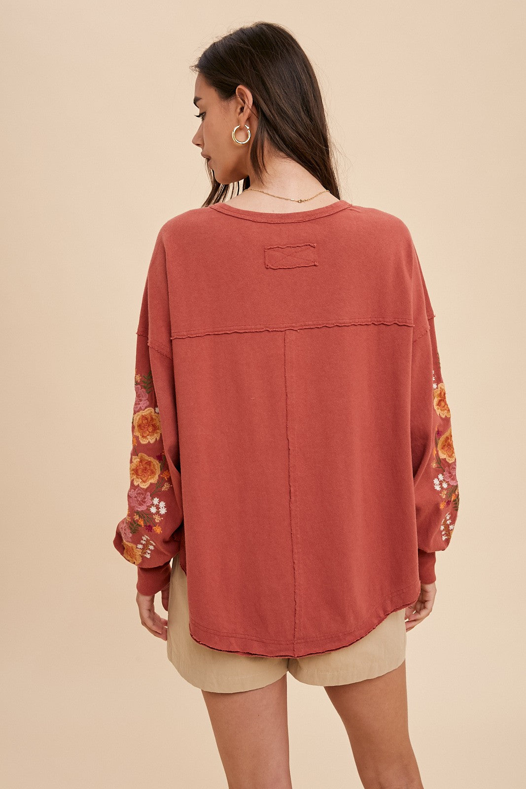 Rust Garment Washed Pullover With Embroidered Sleeves