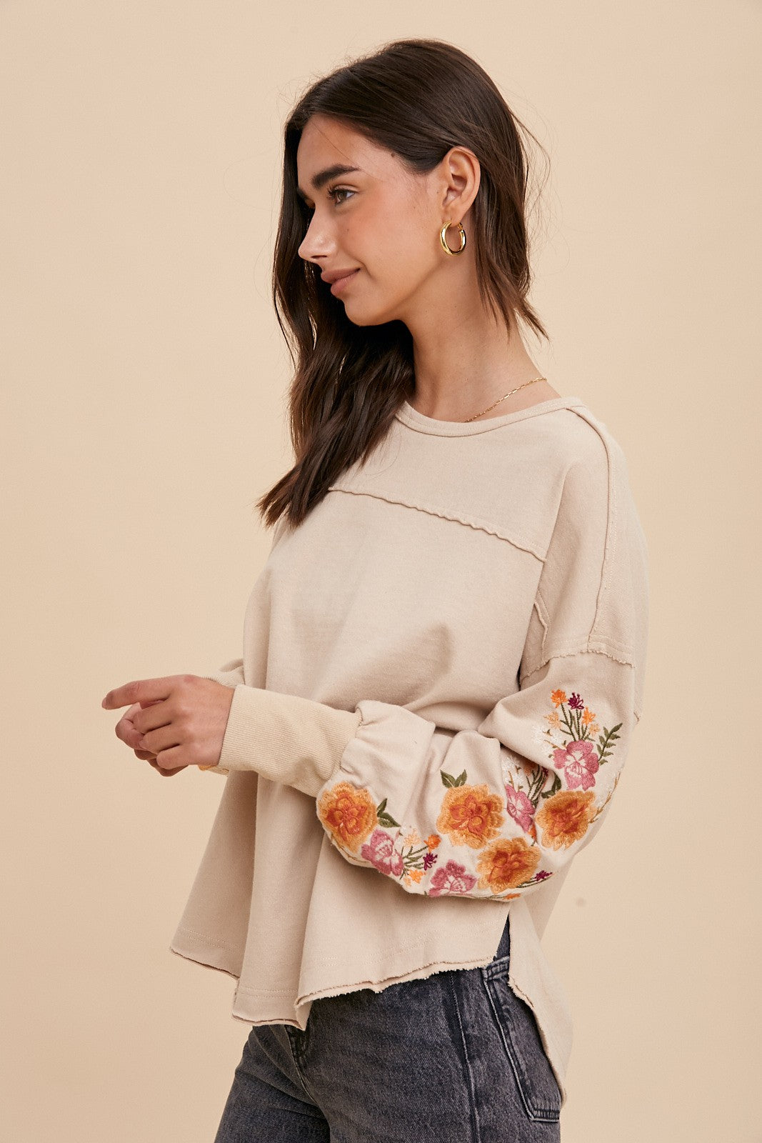 Beige Garment Washed Pullover With Embroidered Sleeves