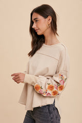 Beige Garment Washed Pullover With Embroidered Sleeves