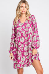 Magenta Floral V-Neck Long Sleeve Maternity Dress