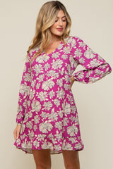 Magenta Floral V-Neck Long Sleeve Maternity Dress