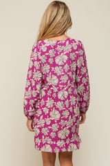 Magenta Floral V-Neck Long Sleeve Maternity Dress