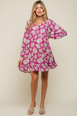 Magenta Floral V-Neck Long Sleeve Maternity Dress