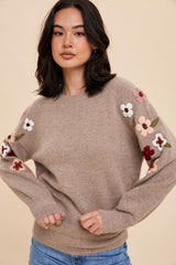 Beige Knit Floral Sweater