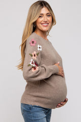 Beige Knit Floral Maternity Sweater