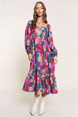 Fuchsia Floral Square Neck Long Sleeve Maternity Midi Dress