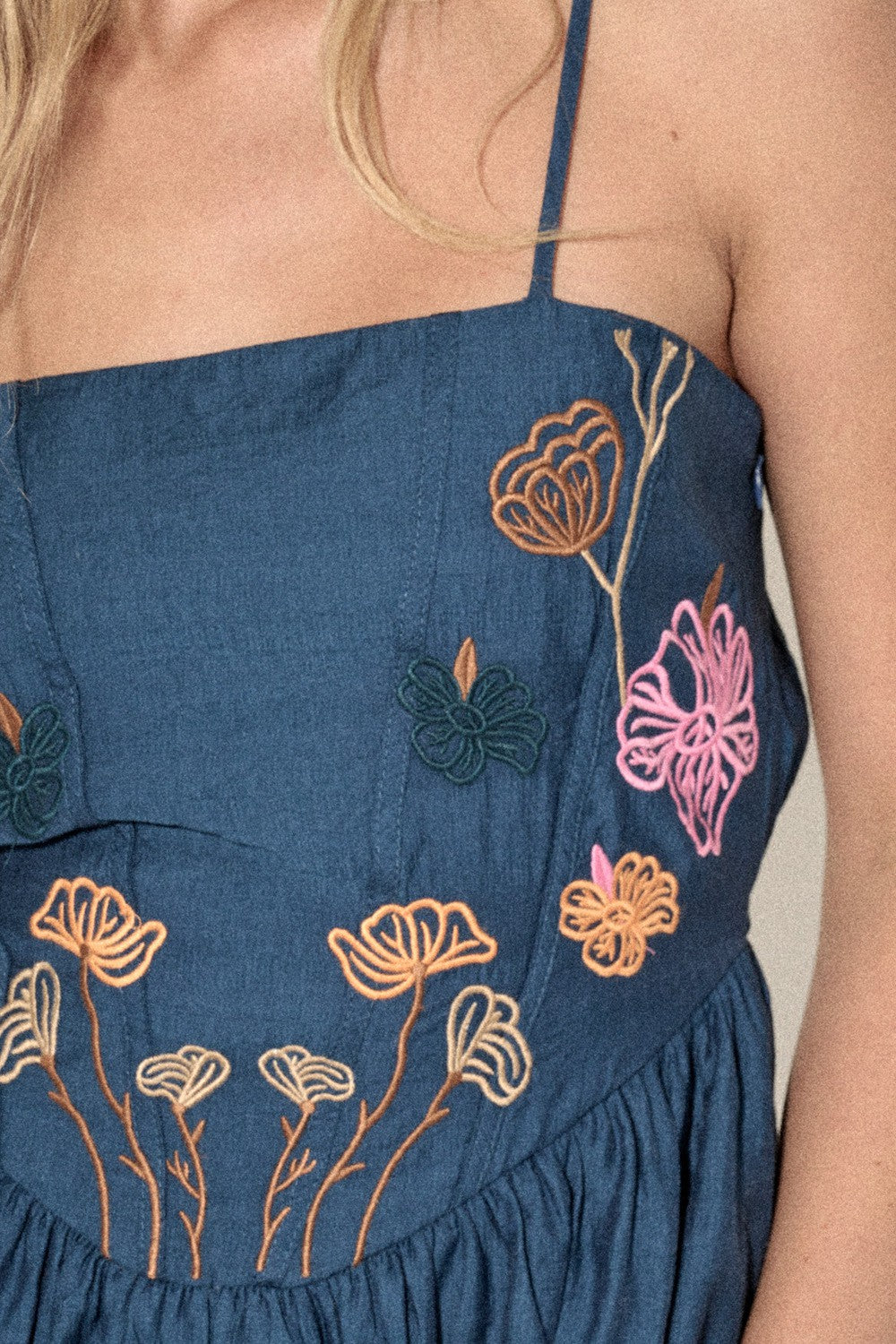 Blue Floral Embroidered Corset Bodice Mini Dress