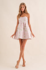 Pale Rose Jacquard Floral Fit And Flare Mini Dress