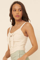 Oatmeal Woven Ruched Self Tie Knot Cami Top