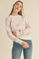 Ivory Lavender Crew Neck Sweater With Fuzzy Stars