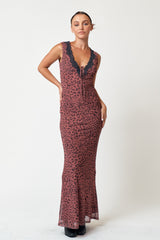 Brown Animal Print Mesh Overlay Maxi Dress