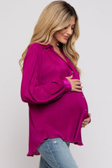 Magenta Plisse Button Up Long Sleeve Maternity Top