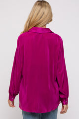 Magenta Plisse Button Up Long Sleeve Maternity Top