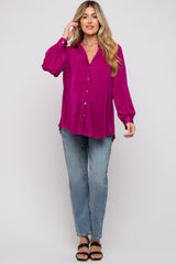 Magenta Plisse Button Up Long Sleeve Maternity Top