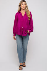 Magenta Plisse Button Up Long Sleeve Maternity Top