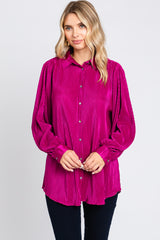 Magenta Plisse Button Up Long Sleeve Maternity Top