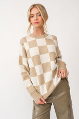 Taupe Checkered Print Maternity Sweater