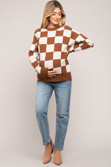 Brown Checkered Print Maternity Sweater