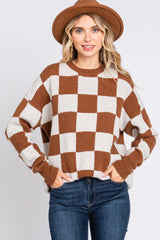 Brown Checkered Print Maternity Sweater