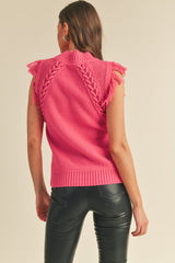 Raspberry Cable Knit Sweater Vest With Fringe