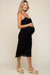 Black Fringe Mesh Maternity Midi Dress