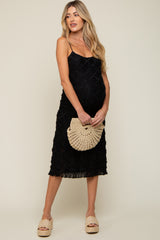 Black Fringe Mesh Maternity Midi Dress