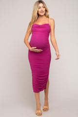 Magenta Mesh Ruched Maternity Side Slit Midi Dress