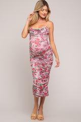 Pink Floral Mesh Ruched Criss Cross Back Maternity Midi Dress